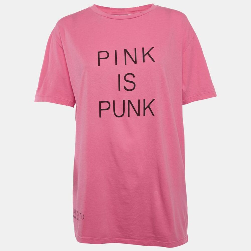 Valentino Pink Pink Is Punk Print Jersey Distressed T-Shirt S